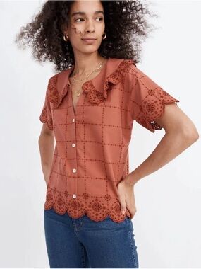 Madewell Rust Eyelet Scalloped Button-Down Blouse